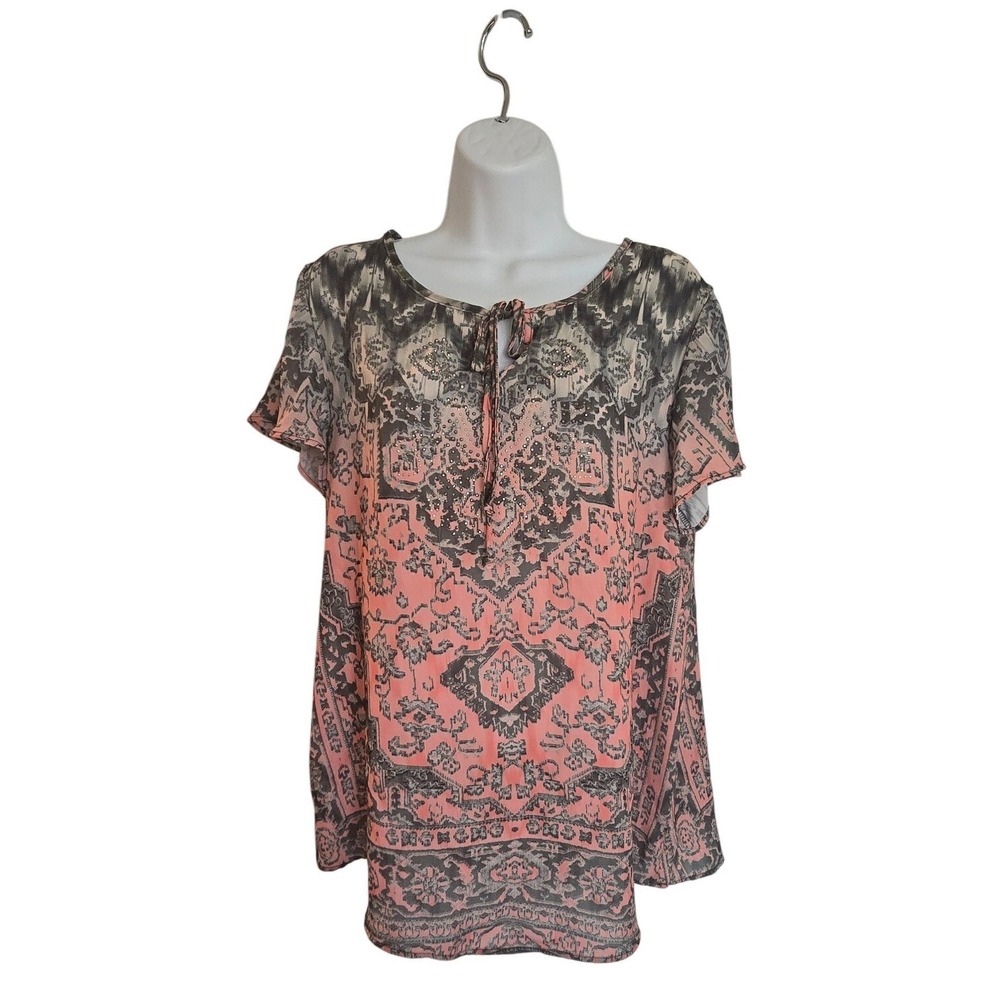 Christopher‎ & Banks Coral Gray Paisley Tie Neck Short Sleeve Tunic Size S /0215
